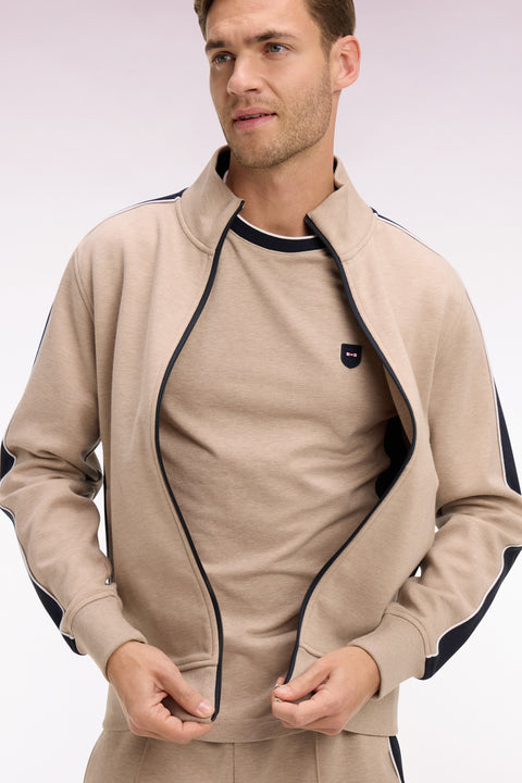 Sweatshirt zippé en interlock beige à découpes contrastées - Image 1