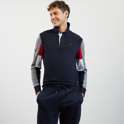 Dark blue colourblock rugby shirt with XV de France embroidery - Image 1