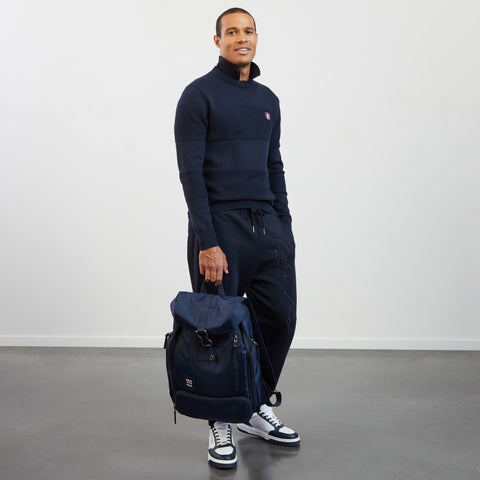 Dark blue round-neck jumper in combination knit - Image 1