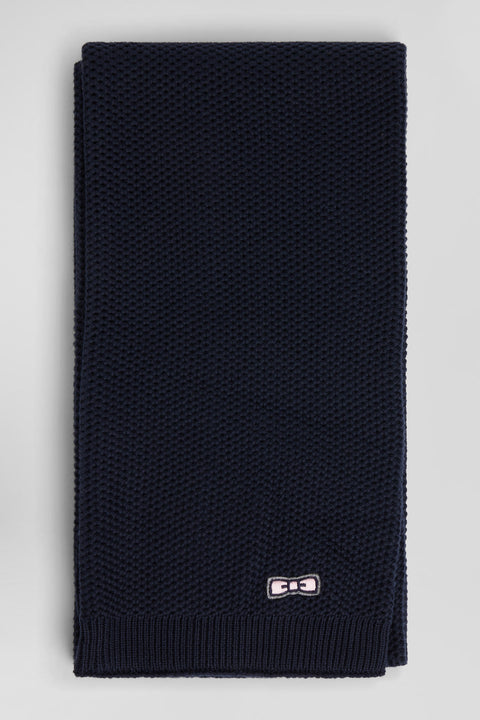 Plain navy blue cotton scarf with embroidered bow tie - Image 3