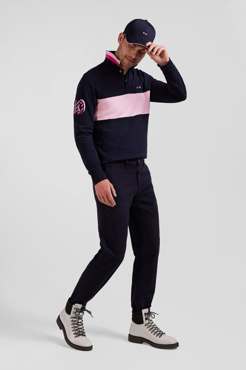 Regular navy blue stretch cotton piqué and modal chino trousers - Image 3