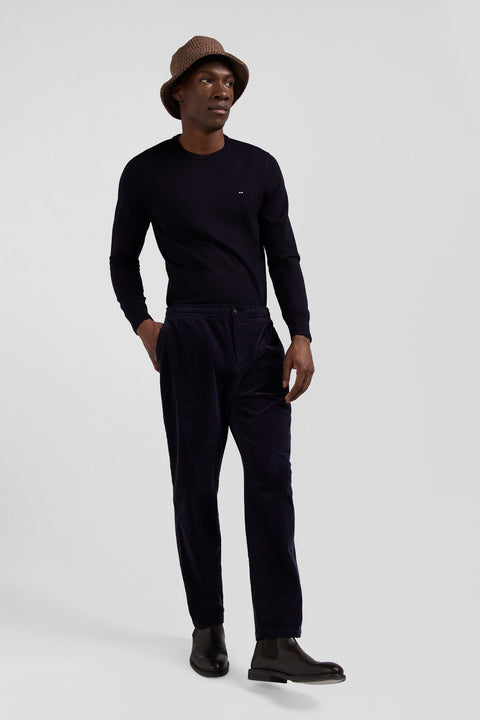 Modern navy blue stretch cotton elastic waist trousers - Image 3
