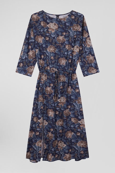 Navy blue lyocell floral dress with long sleeves - Image 2