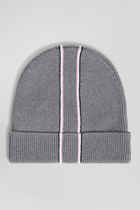 Grey cotton beanie with pink and white stripes - Image 2