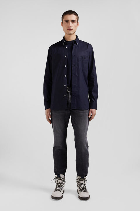 Regular navy blue cotton poplin shirt with button-down collar and printed elbow patches - Image 1