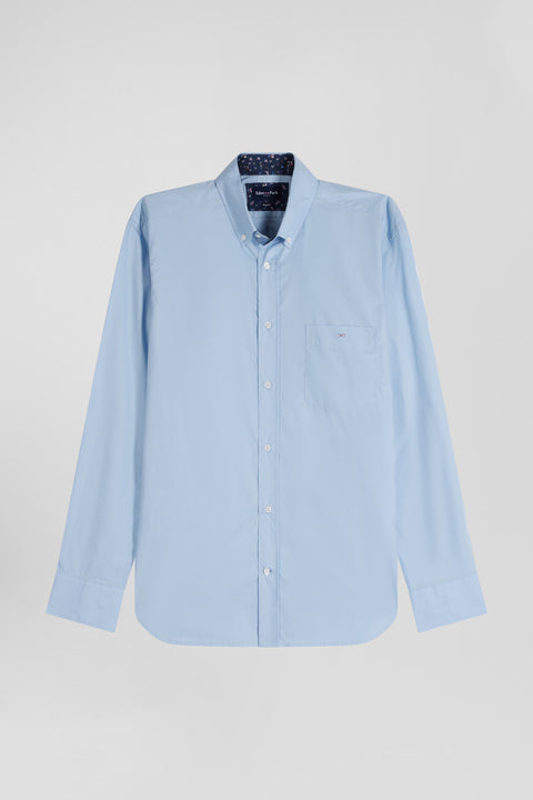 Regular sky blue cotton poplin shirt with button-down collar and printed elbow patches - Image 2