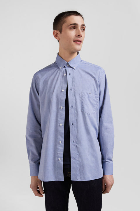 Regular sky blue cotton denim shirt with printed elbow patches - Image 3