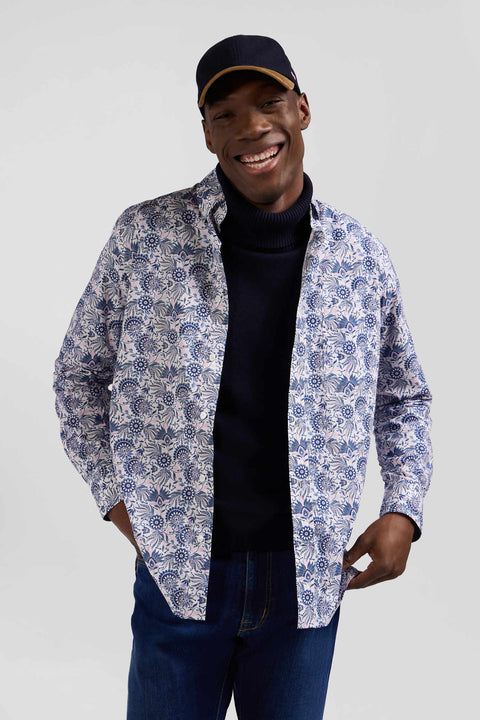 Regular ecru and blue cotton shirt with graphic print - Image 3