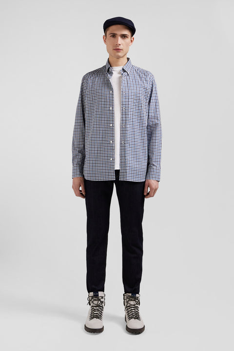 Regular navy blue and white checked cotton poplin shirt - Image 1