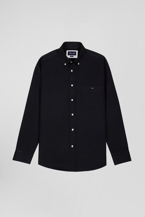 Regular plain black piqué cotton shirt - Image 2