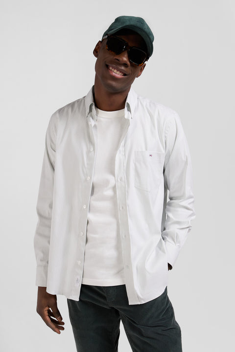 Regular green cotton poplin shirt with baton stripes - Image 3