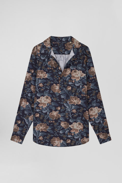 Relax navy blue floral print cotton flannel shirt - Image 2