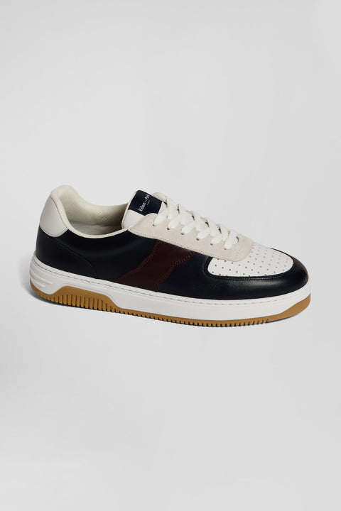 Navy blue and burgundy leather sneakers - Image 1