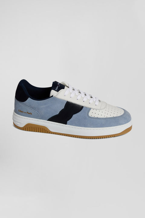 Sky blue low-top leather sneakers with navy blue cut-out - Image 1