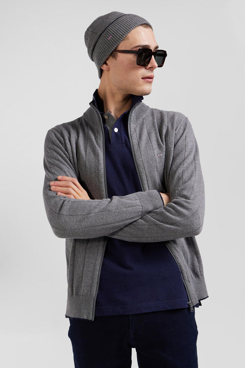 Regular grey cotton and cashmere zipped cardigan with vertical stripes - Image 3