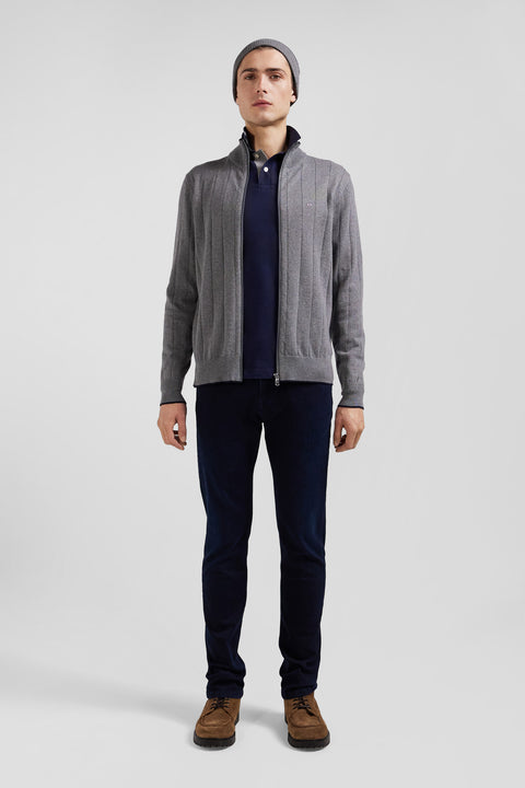 Regular grey cotton and cashmere zipped cardigan with vertical stripes - Image 1