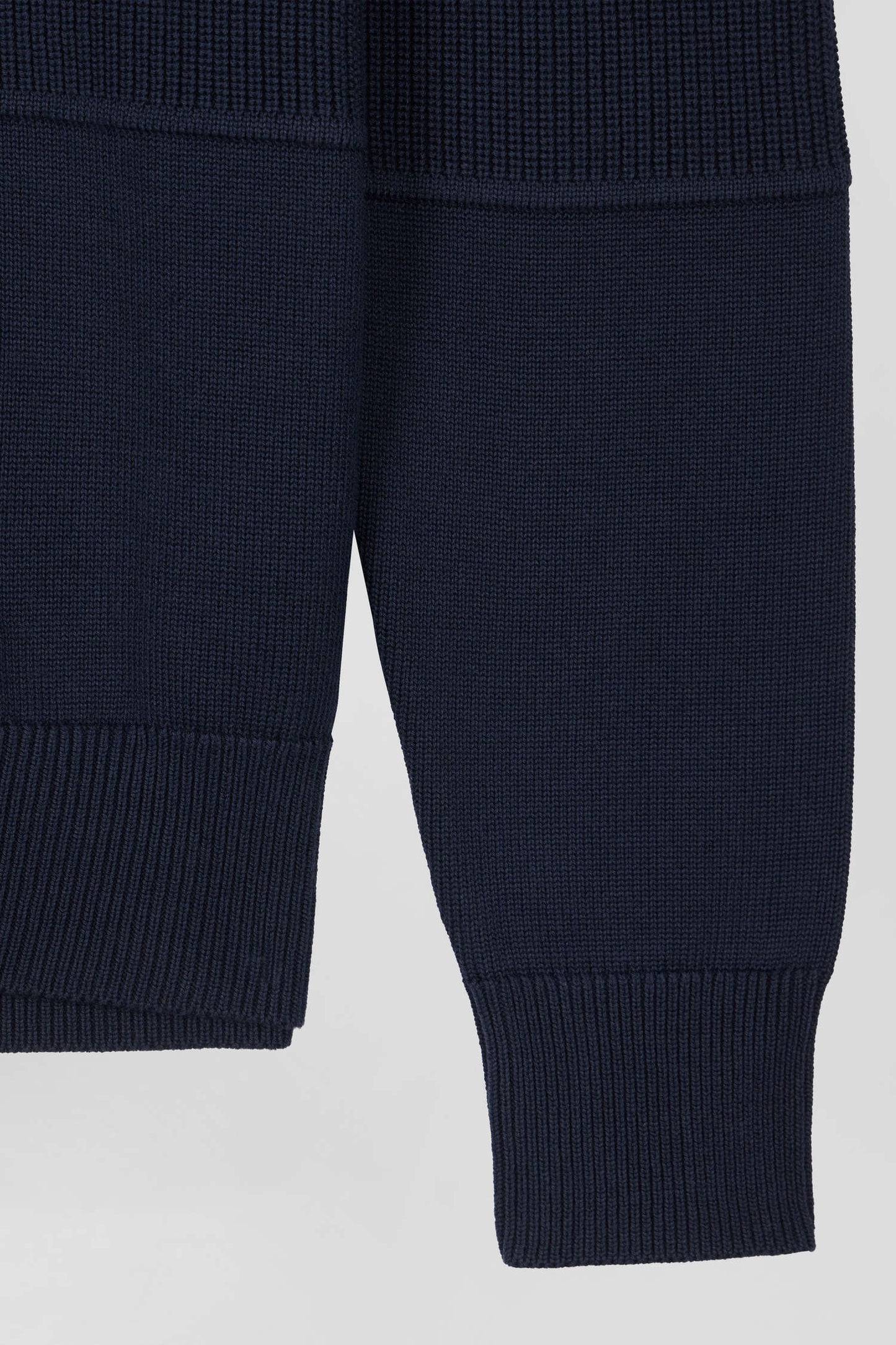 Navy and hazelnut cotton cardigan with zip and stand-up collar