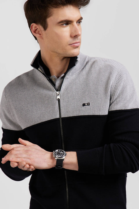 Regular navy blue and grey cotton high collar zipped cardigan - Image 3