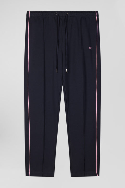 Regular navy blue mixed cotton jogging bottoms with pink piping - Image 2