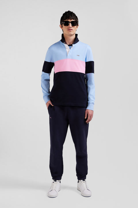 Regular burgundy long-sleeved colourblock cotton rugby shirt with back embroidery - Image 1