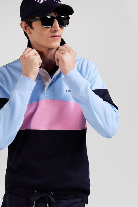 Regular burgundy long-sleeved colourblock cotton rugby shirt with back embroidery - Image 3