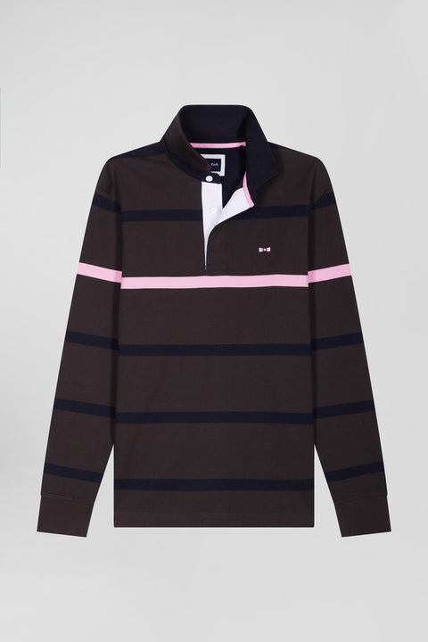Regular brown striped long-sleeved cotton rugby shirt with back embroidery - Image 2