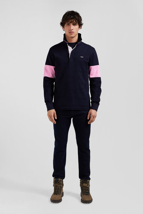 Regular navy blue long-sleeved cotton rugby shirt with bow tie embroidery - Image 1