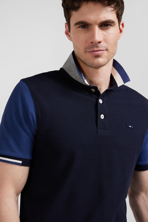 Regular navy blue short-sleeved cotton piqué polo shirt with Eden Park jacquard collar - Image 3
