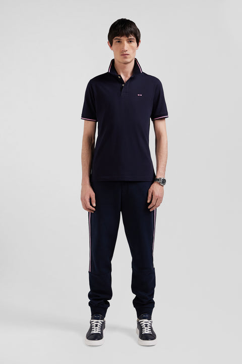 Slim navy blue short-sleeved stretch cotton polo shirt with Eden Park jacquard collar - Image 1