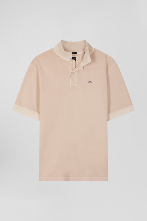 Oversized beige unisex short-sleeved cotton piqué polo shirt - Image 3