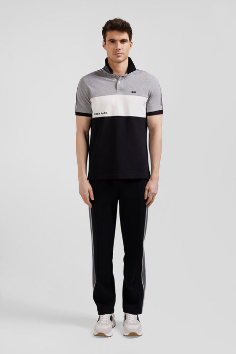 Regular black tricolor short-sleeved cotton piqué polo shirt with Eden Park lettering - Image 1