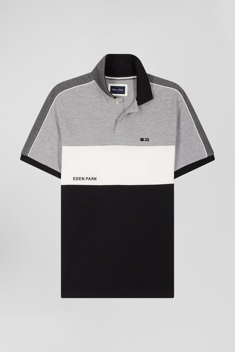 Regular black tricolor short-sleeved cotton piqué polo shirt with Eden Park lettering - Image 2