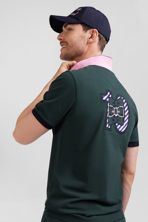 Regular green short-sleeved cotton piqué polo shirt with striped embroidery - Image 3