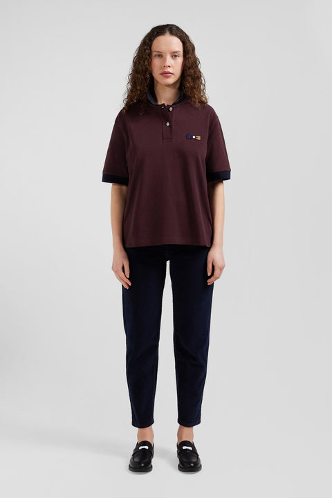 Oversized burgundy short-sleeved cotton piqué polo shirt with tricolour collar - Image 1