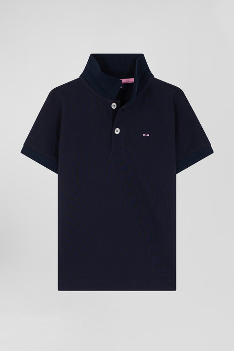 Regular navy blue short-sleeved cotton piqué polo shirt with back bow tie embroidery - Image 2