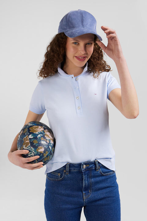 Slim sky blue plain stretch cotton short-sleeved polo shirt - Image 3