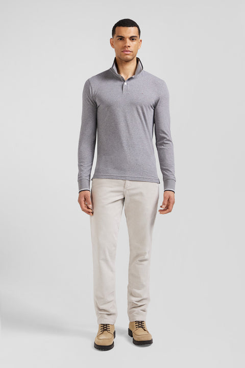 Slim grey long-sleeved stretch cotton polo shirt with striped finishes - Image 1
