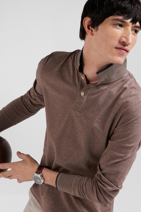 Slim brown long-sleeved stretch cotton polo shirt with striped finishes - Image 3