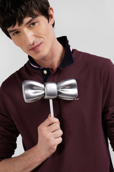 Regular burgundy long-sleeved cotton piqué polo shirt - Image 3