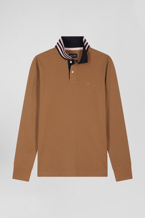 Long-sleeved polo shirt in hazelnut cotton piqué with ring collar Regular fit - Image 2