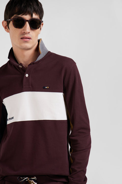 Regular burgundy colorblock long-sleeved cotton piqué polo shirt - Image 3