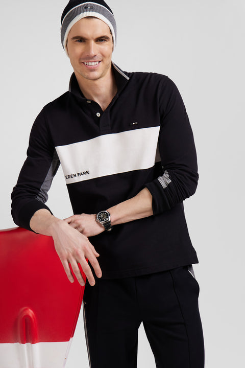 Regular black colorblock long-sleeved cotton piqué polo shirt - Image 3