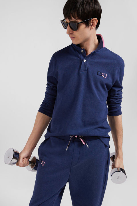 Regular navy blue long-sleeved cotton piqué polo shirt with pink details - Image 3