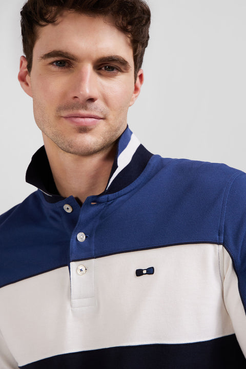 Regular blue tricolor long-sleeved cotton piqué polo shirt - Image 3
