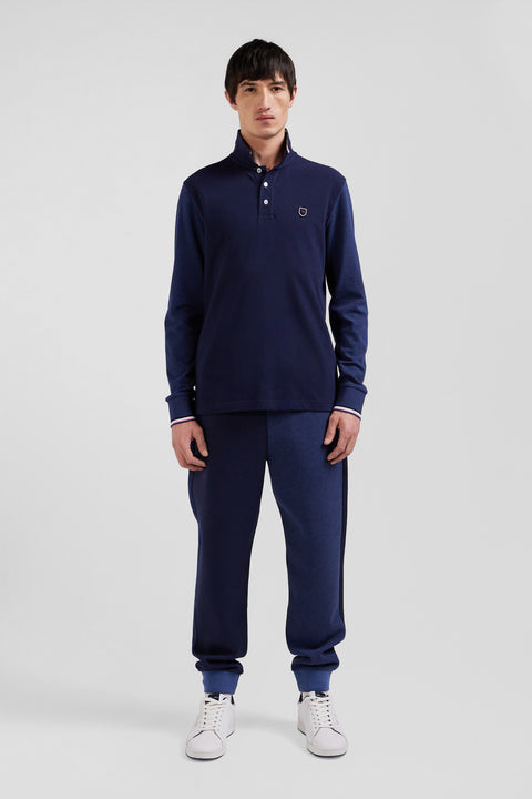 Regular navy long-sleeved cotton piqué polo shirt with jacquard collar and rubber badge - Image 1