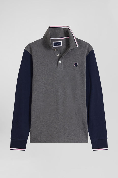 Regular grey long-sleeved cotton piqué polo shirt with jacquard collar and rubber badge - Image 2
