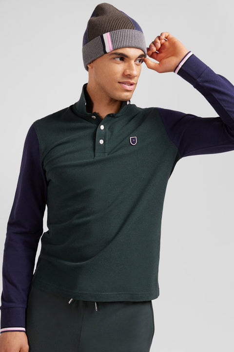 Regular green long-sleeved cotton piqué polo shirt with jacquard collar and rubber badge - Image 3