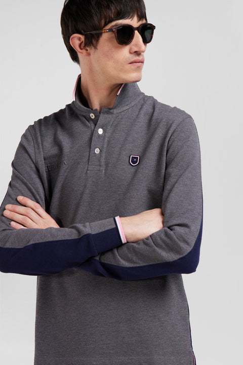 Regular grey long-sleeved cotton piqué polo shirt with tricolor details - Image 3