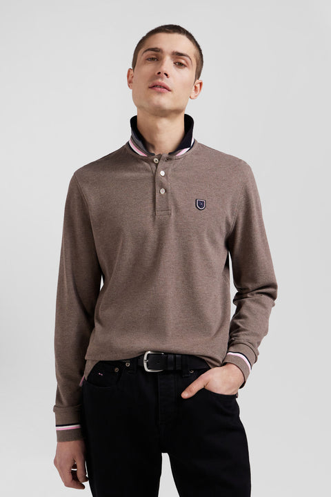 Regular brown long-sleeved cotton piqué polo shirt with rubber badge - Image 3