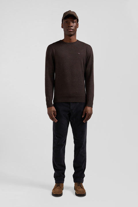 Regular dark brown wool and cotton crew neck jumper - Image 1